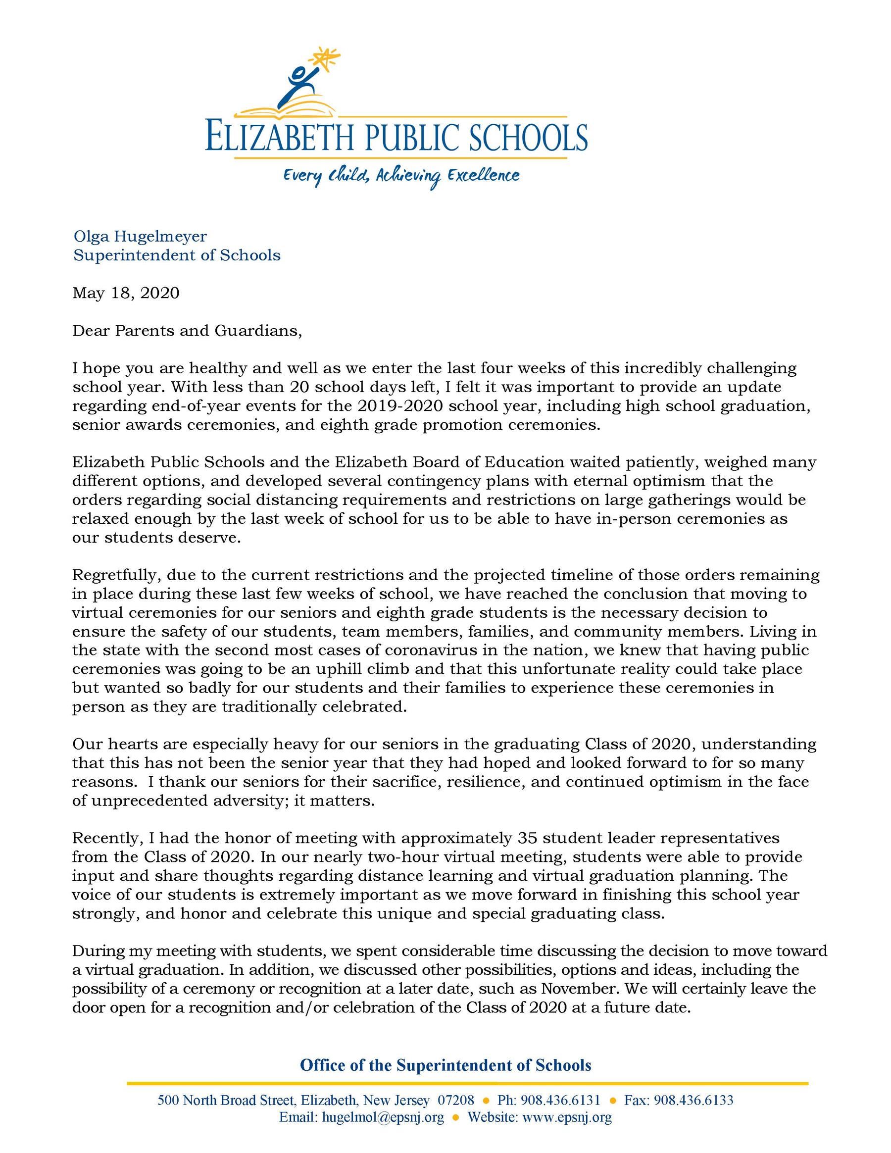Letter to Parents-Guardians About Plans for 19-20 End-Of-Year Events- 5-18-20 1 